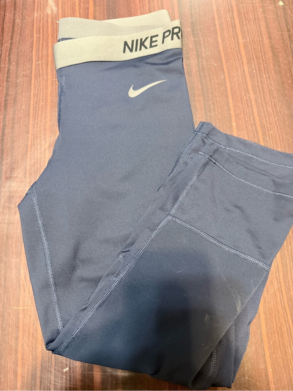 Nike Pro Navy Blue Leggings with Gray Waistband